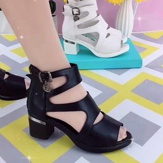 Sandálias De Couro Macio Romanas Mulheres Boca De Peixe Oca Salto Alto Espesso 2023 Novo Estilo Moda De Verão Botas