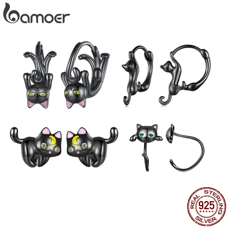 Brincos Bamoer 925 Prata De Gato Preto Jóias De Moda Para Meninas SCE965 em Oferta na Shopee
