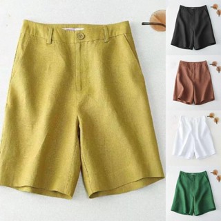 Shorts De Linho De Algodão Feminino Cintura Alta Casual Calça De Pernas Largas Five-Point