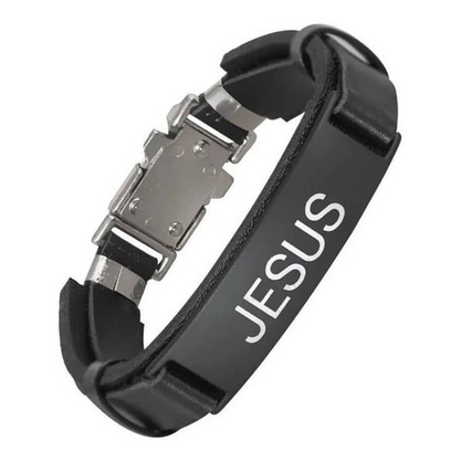 Pulseira Masculina Jesus De Couro Sintético E Aço