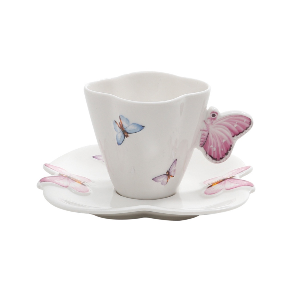 Xícara de Café e Chá com Pires de Porcelana Borboletas 100ml ou 200ml