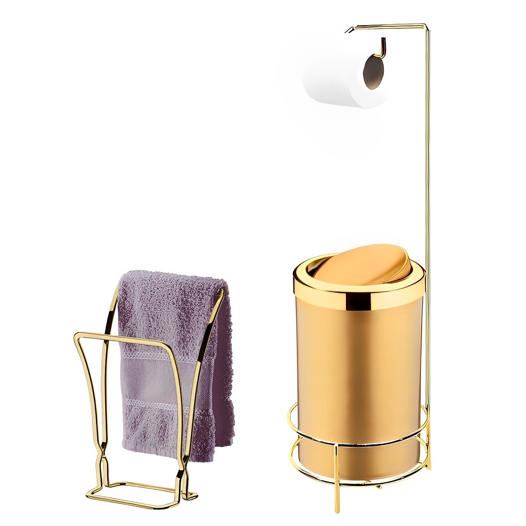 Kit Suporte Porta Papel Higiênico Lixeira 8L Cesto Lixo Tampa Basculante Toalheiro Duplo Banheiro Dourado  - Future