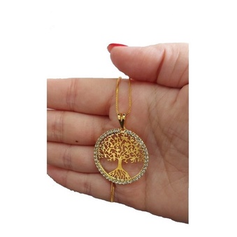 Colar Feminino Gargantilha Medalha Árvore Da Vida Folheado