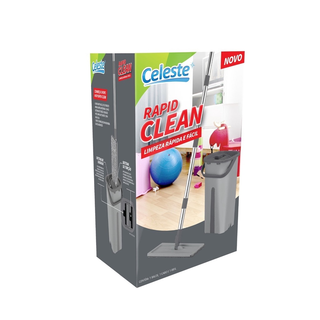 Mop Lava E Seca Flat  C/2 Refil Multiuso Vertical Balde Esfregão Rodo Cor Ciano Com Cinza CELESTE