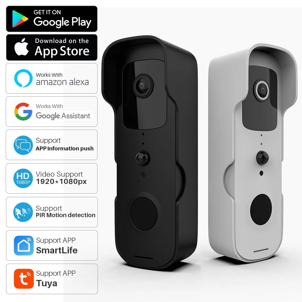Tuya Campainha De Vídeo Inteligente WiFi 1080P Porteiro Da Porta Câmera IP Áudio Bidirecional Funciona Com Alexa Echo Show Google