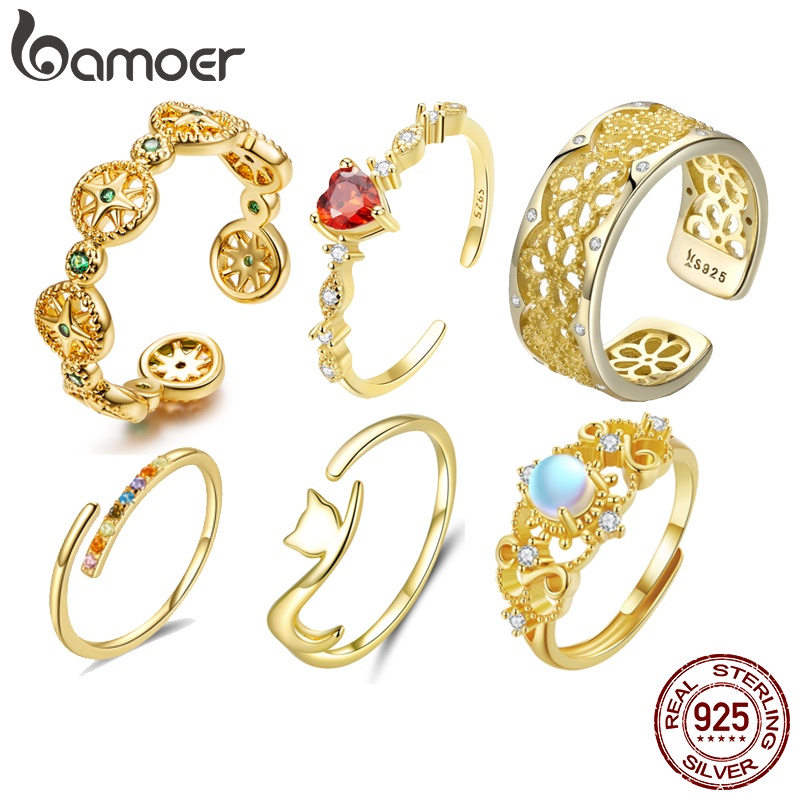 Anel De Abertura Bamoer 925 Prata Anéis De Dedo Ajustáveis Jóias De Moda Feminina Com Banho De Ouro BSR293 em Oferta na Shopee