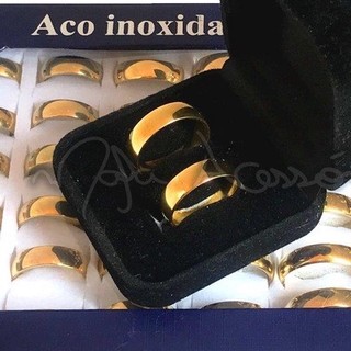 Atacado Revenda Caixa C/36 Aliança lisas 6mm Casamento Noivado Namoro Compromissos Douradas em Aço 316L Revenda - 16 - 22