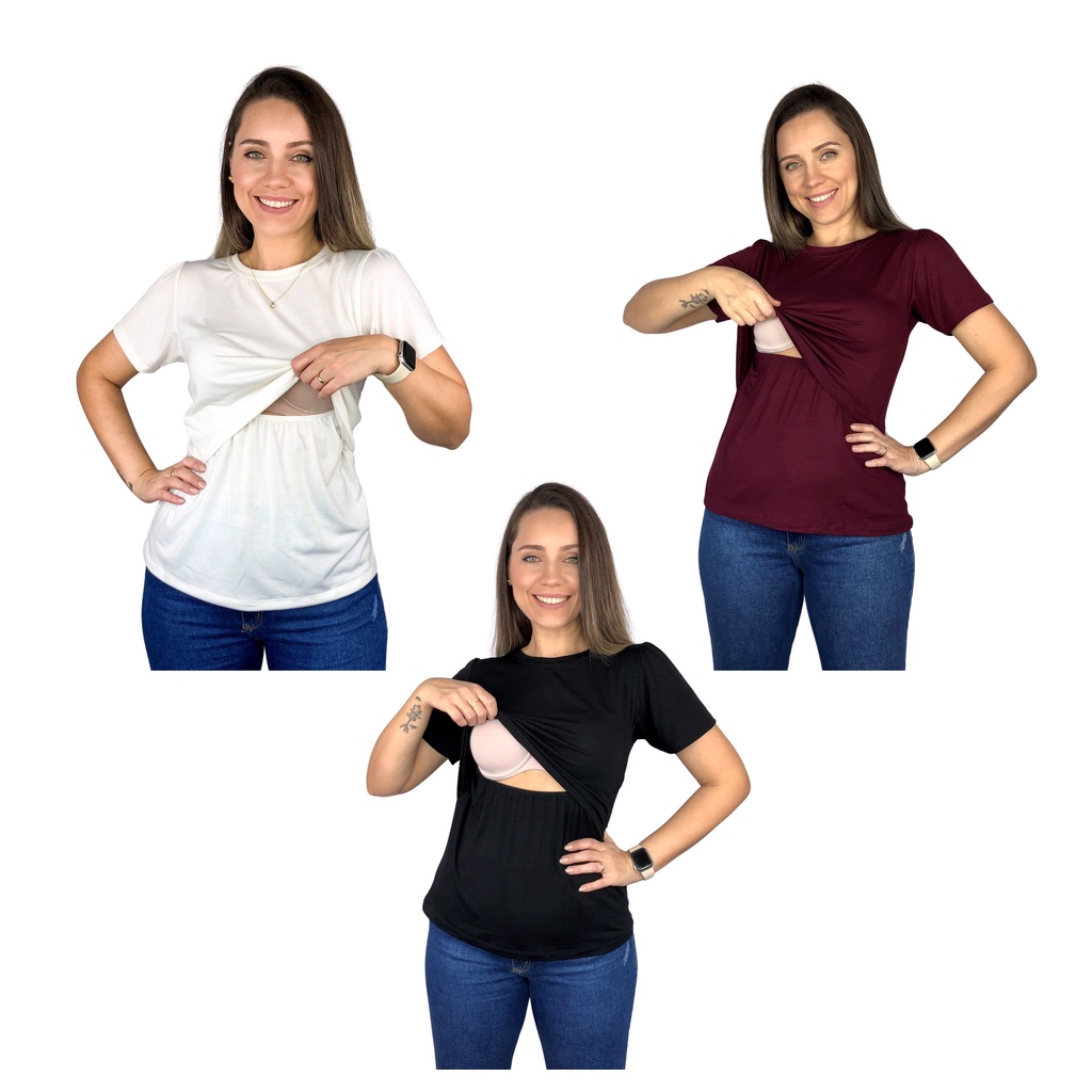 Kit 3 Blusa Amamentação Diversas Cores Viscolycra Premium Camiseta Manga Curta Gestante Grávida em Oferta na Shopee