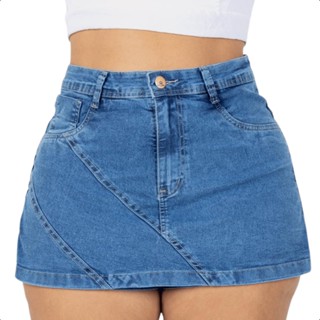 Short Saia Jeans Plus Size Com Detalhes E Lycra