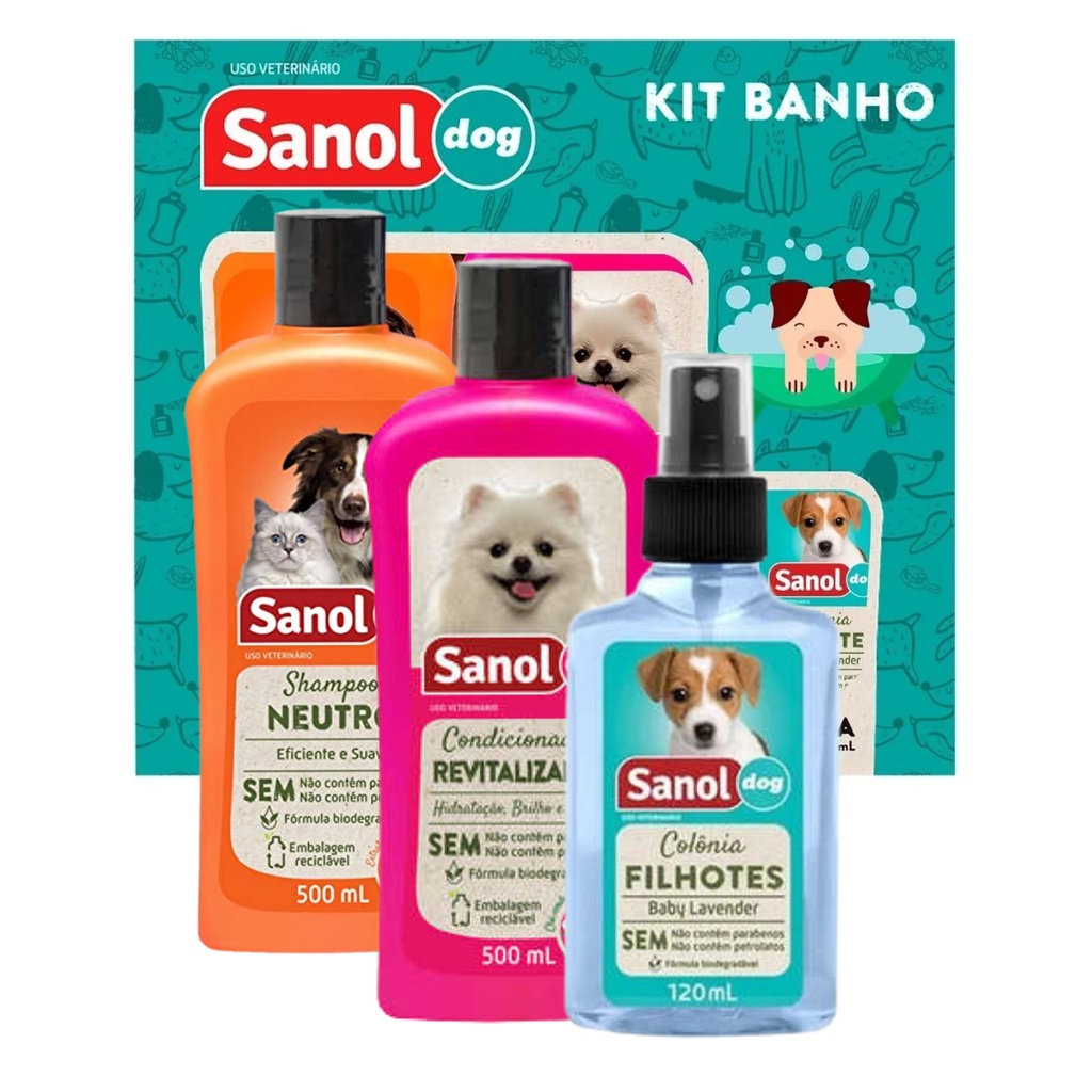 Shampoo para cachorros + condicionador e Colônia, Kit Sanol banho