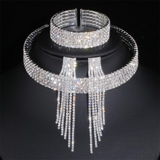 Clássico Metal Borla De Strass Stras Joias De Noiva 3-Peças Colar Feminino Para Casamento Brincos Bracelete Conjunto