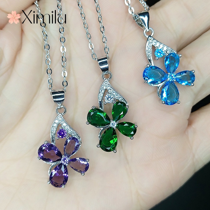 ♥Original luxo trevo ametista pingente colar de prata feminino turmalina verde jóias