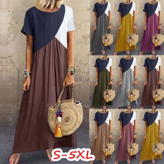 2023 Summer Geometric Contrast Color Stitching Vestido Longo De Praia De Manga Curta Casual Ladies Plus Tamanho