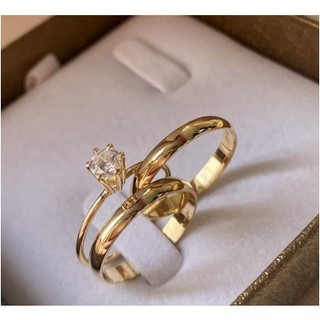 Par de Aliança de Casamento Dourada Banho Moeda Antiga Redondo Fino Liso 4mm  Anatômico + Solitário COD-20