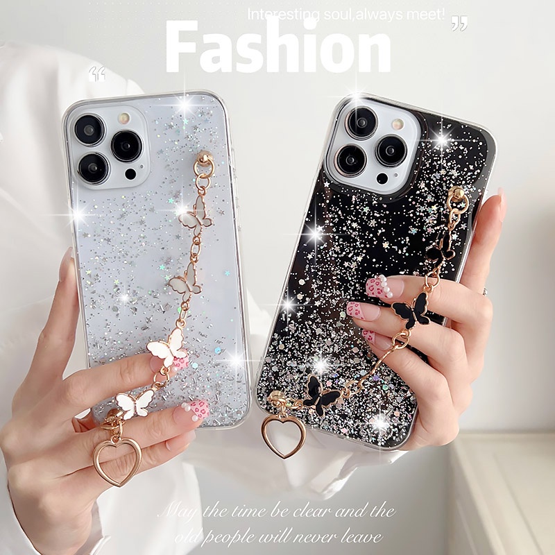 Capa Para Samsung M23 M53 A13 A23 A33 A53 A54 A32 A72 A22 A52s M12 M22 A73 A52 5G Borboleta Estrela Glitter Pulseira De