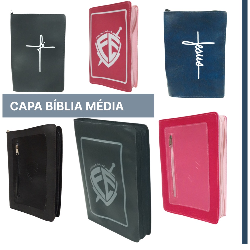 Capa de biblia media com bolso porta celular e objetos, bolso com zíper 33x23