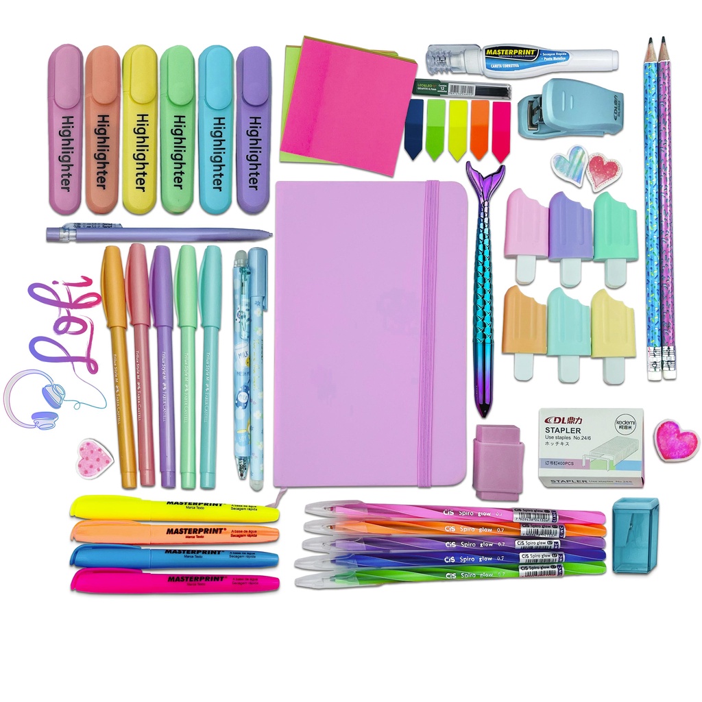 Kit Papelaria Universitário com Caderneta Caneta Marca Texto Pastel Completo Bloco Presente Adolescente Menina KTPPC-13