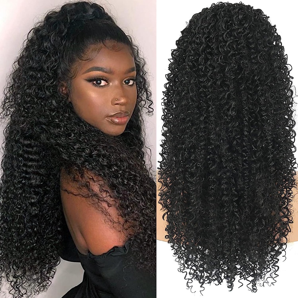 Rabo de Cavalo Longo Cacheado Profundo Resistente ao Calor Sintético Clipe Instantâneo Extensão de Rabo de Cavalo Protetor Estilo Afro Crespo Encaracolado Pedaços de Cabelo (60CM-preto)
