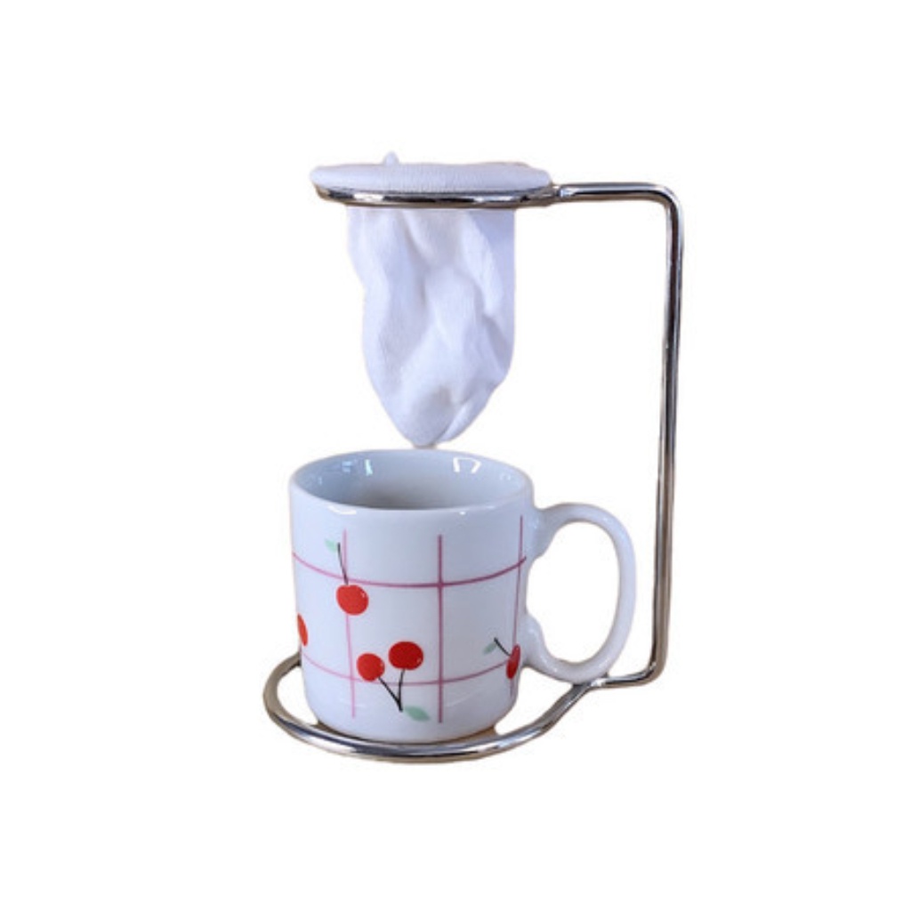 Kit Caneca Cerâmica Cereja 100ml Suporte Aço Inox Coador Pano Individual Conjunto