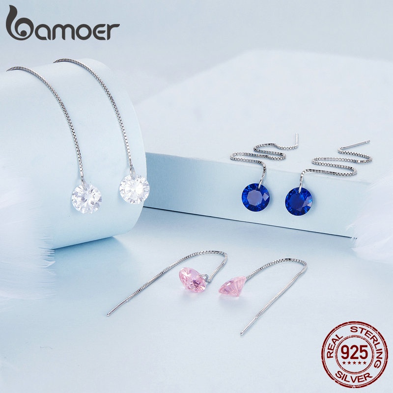 Bamoer 925 Prata 1 Par De Brincos Linha De Orelha De Zircônio Azul Presentes De Moda Para Mulheres em Oferta na Shopee