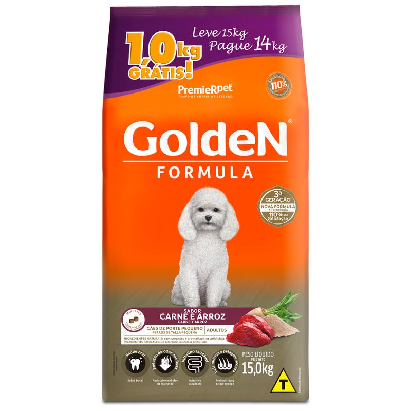 Ração Golden Fórmula Mini Bits Cães Adultos Raças Pequenas Carne e Arroz Leve 15kg e Pague 14kg