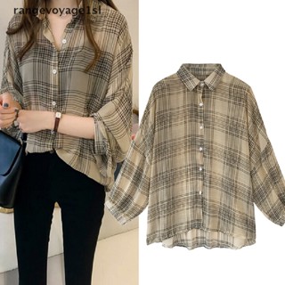 [rangevoyage1sl] Blusas Camisas Xadrez Femininas Manga Asa De Morcego De Chiffon Plus Size Tartan [BR]