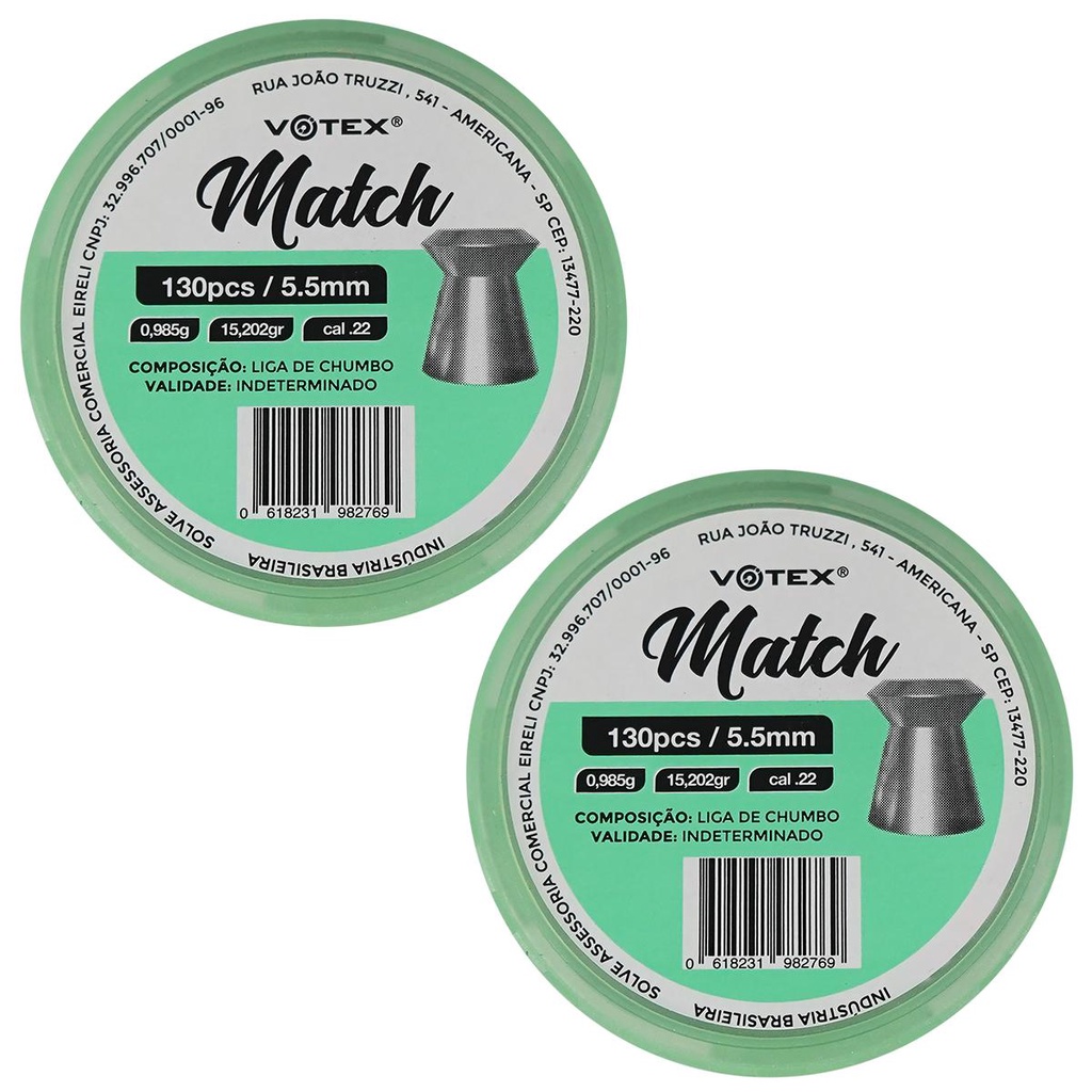 Chumbinho 5.5 Votex Match Munição .22 02 Latas 130 Unidades em Oferta na Shopee