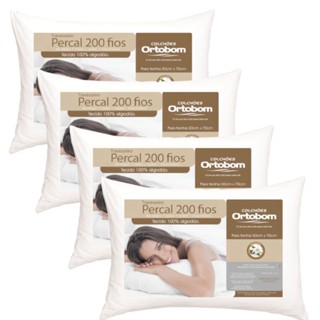 Kit Travesseiros Ortobom 200 Fios 50x70cm 100% Algodão Antialérgico Super Macio Perfil Alt...