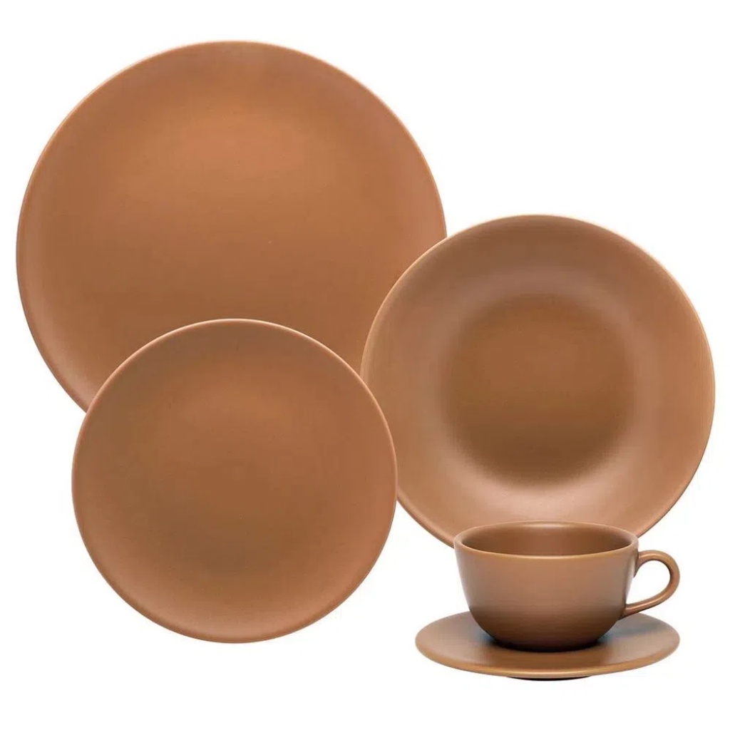 Aparelho de Jantar Unni Avelã 20 Peças Marrom Cerâmica Oxford Porcelanas Aveluladado Acetinado Fosco