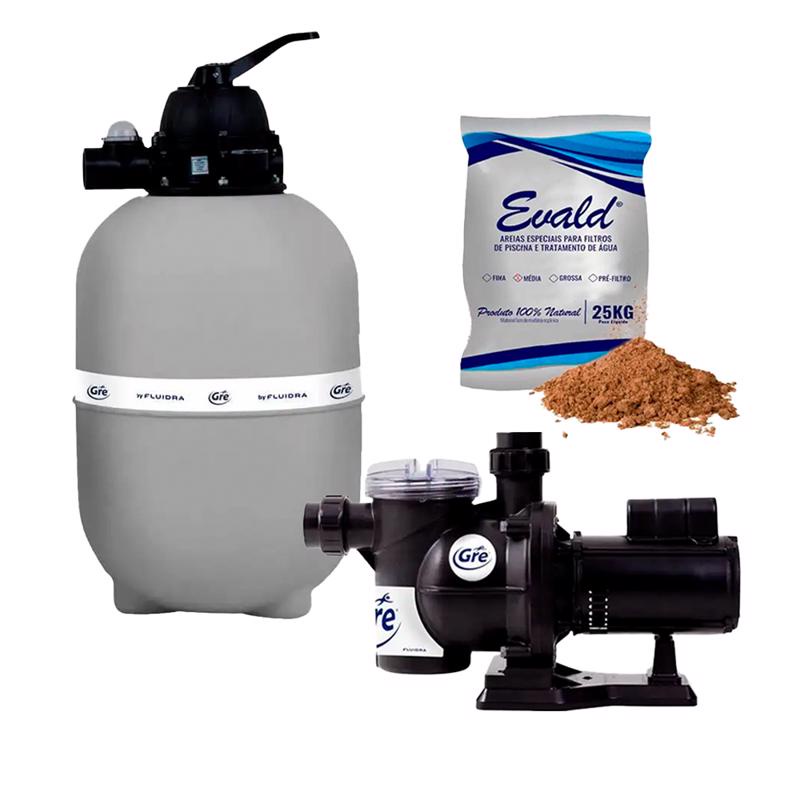 Kit Bomba Piscina 1/3 CV + Filtro GRE200 Fluidra + Areia Filtrante Evald 25 KG