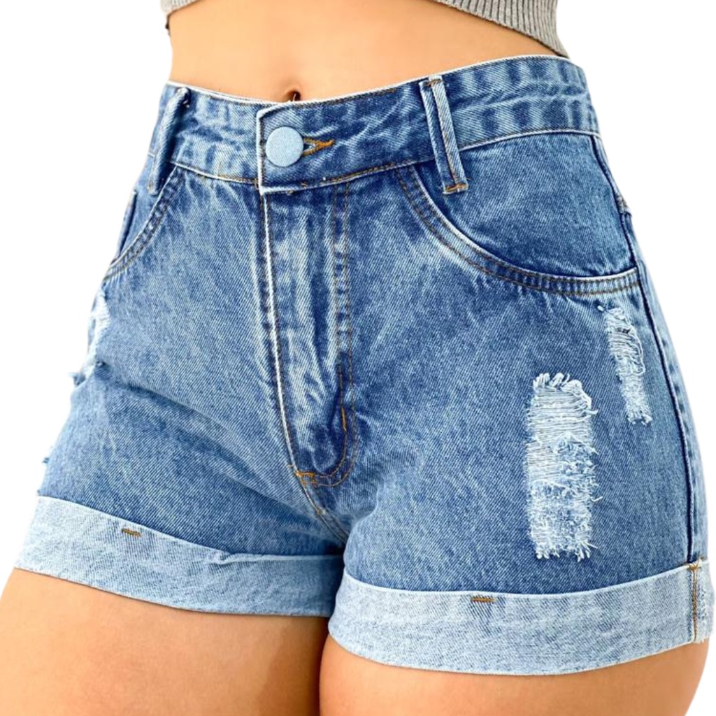 Short Jeans Feminino Jeans Curto  Rasgado Short Feminino Cintura Alta 100% Algodão