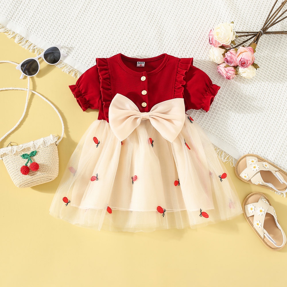 Summer New Sweet Beige Bow Baby Girl Dresses Tulle Princess Vestidos De Bebê Bordados Vermelhos Princesa Festa De Casamento Roupas De Menina Para Crianças (0-3 Anos) em Oferta na Shopee