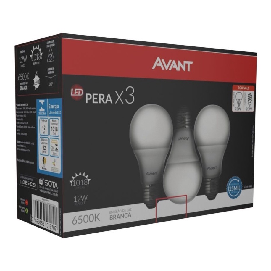 Kit 3 Lâmpadas Led Pera E27 7W 6500K Avant Bivolt - Branca em Oferta na Shopee