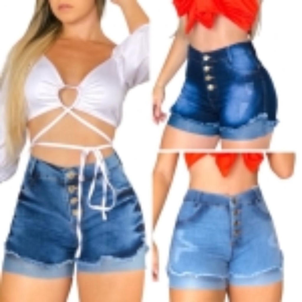 Kit 3 Short Jeans Feminino com Lycra Jeans Feminino Estilo Rasgado Cintura Alta