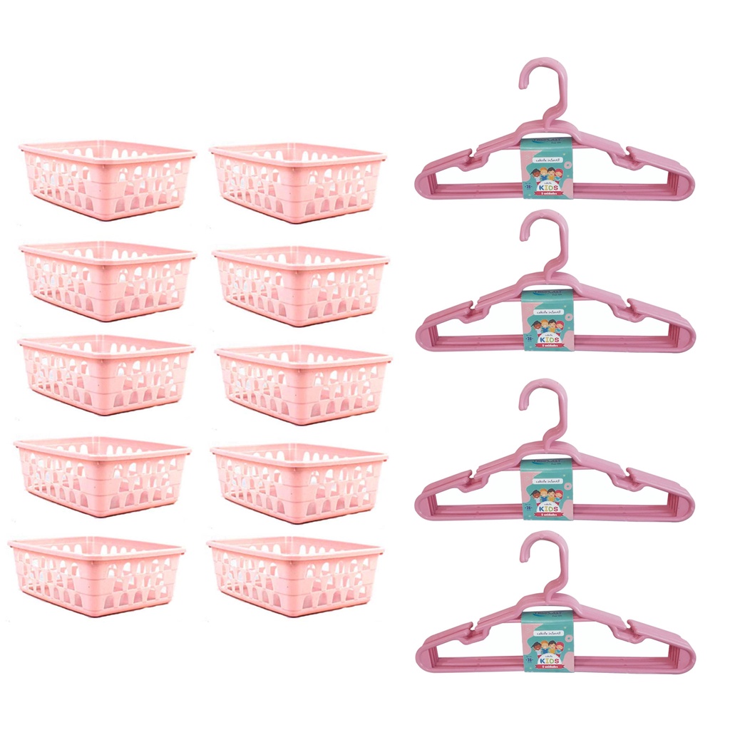Kit 10 Cestos Organizador Pequeno 16x12x6Cm Rosa + 20 Cabides Infantil Rosa
