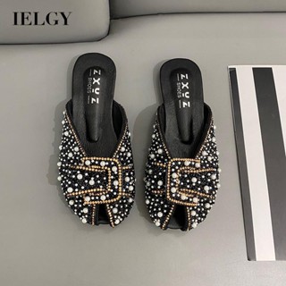IELGY harajuku baotou hong kong Estilo Exterior Pérola Boca De Peixe Meio Chinelos Mulheres