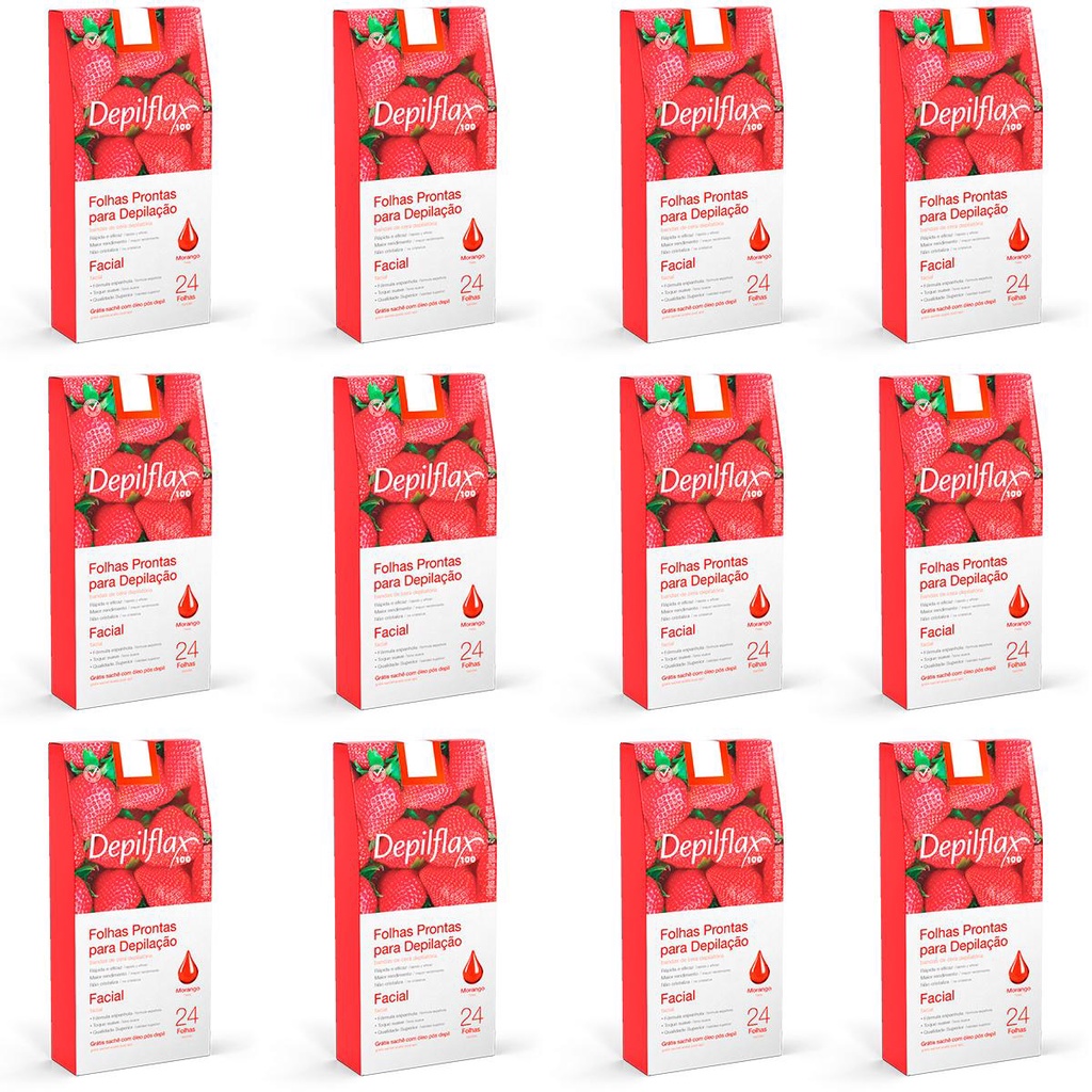 Kit 12 Unidades Folhas Prontas Faciais para Depilação Depilflax Morango