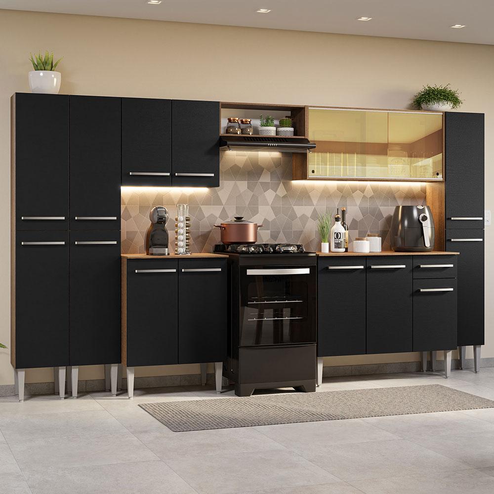 Armário de Cozinha Completa 325cm Rustic/Preto Emilly Madesa 04 em Oferta na Shopee