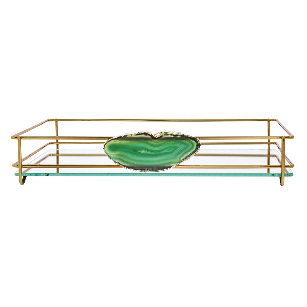 Aparador Bandeja Vidro Espelhado 15x25 Pedra Ágata Aço Inox