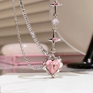 Nova Tendência Diamante Quente Frio Rosa Estrela Do Amor Patchwork Corrente Pequena Multidão Doce Prata Colar De Alta Grau Pink Ins