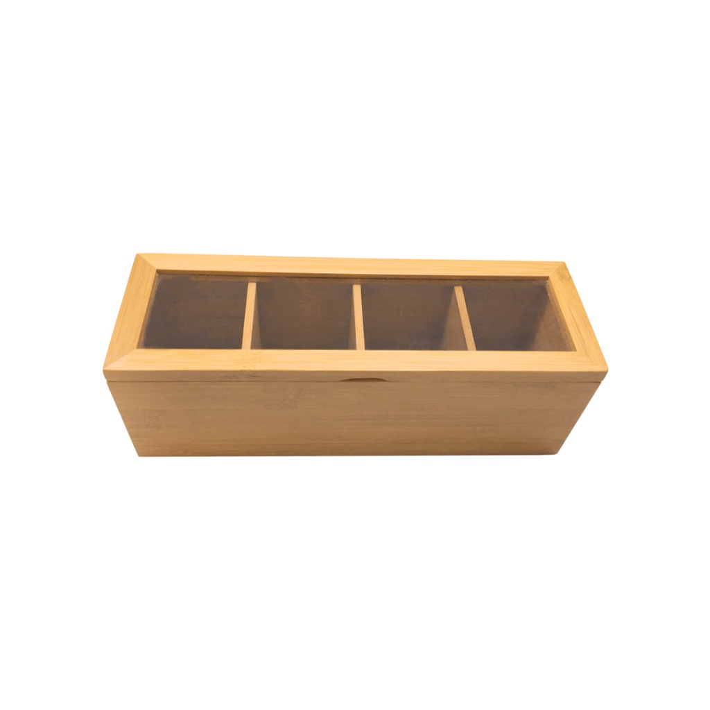 Caixa Decorativa de Bambu 4 Nichos Oikos Natural Tampa de Acrílico Porta Especiarias Porta Chá