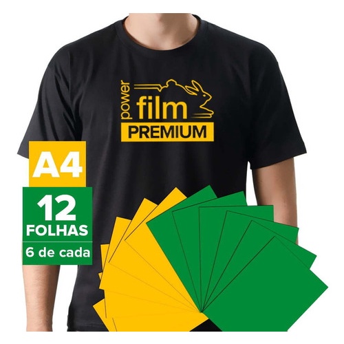 Power Film Premium - A4 - Cores do Brasil - 6 Verdes e 6 Amarelas - 12 Folhas - adesivo para roupa termocolante , adesivo termocolante , adesivo termocolante para tecido , termocolante para roupa , termocolante para tecido