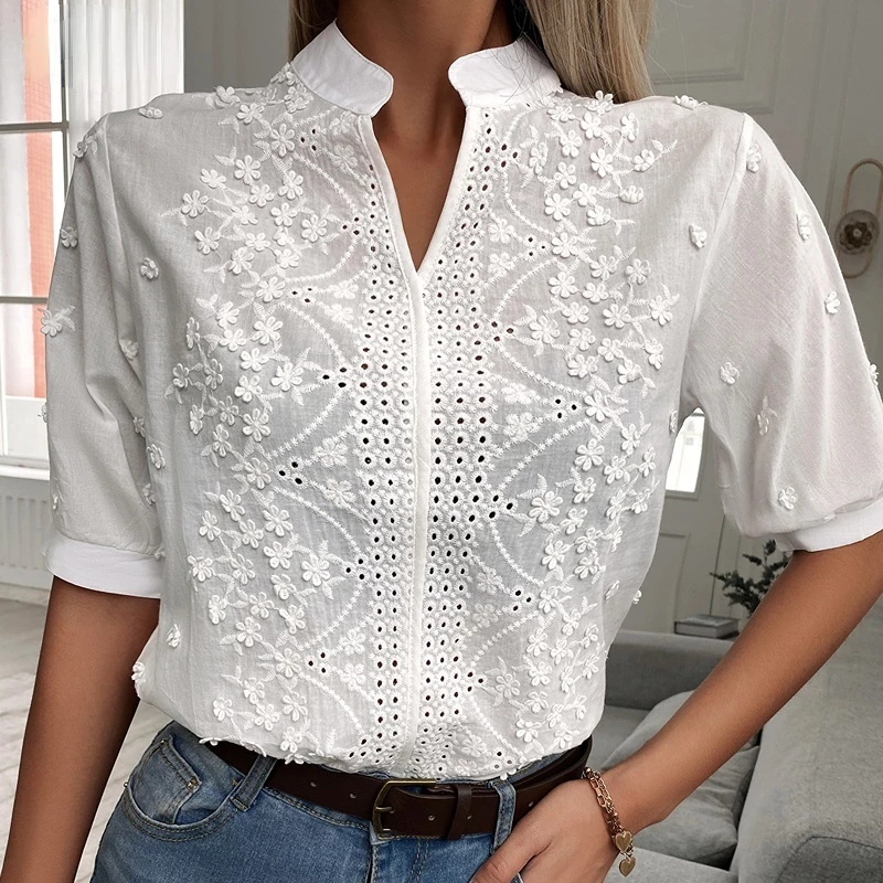 Manga Curta V-neck Lanterna Vestuário Feminino Moda Verão Blusa Feminina 2022 Bordado Algodão Camisas Brancas Blusas 14204 — imagem 1