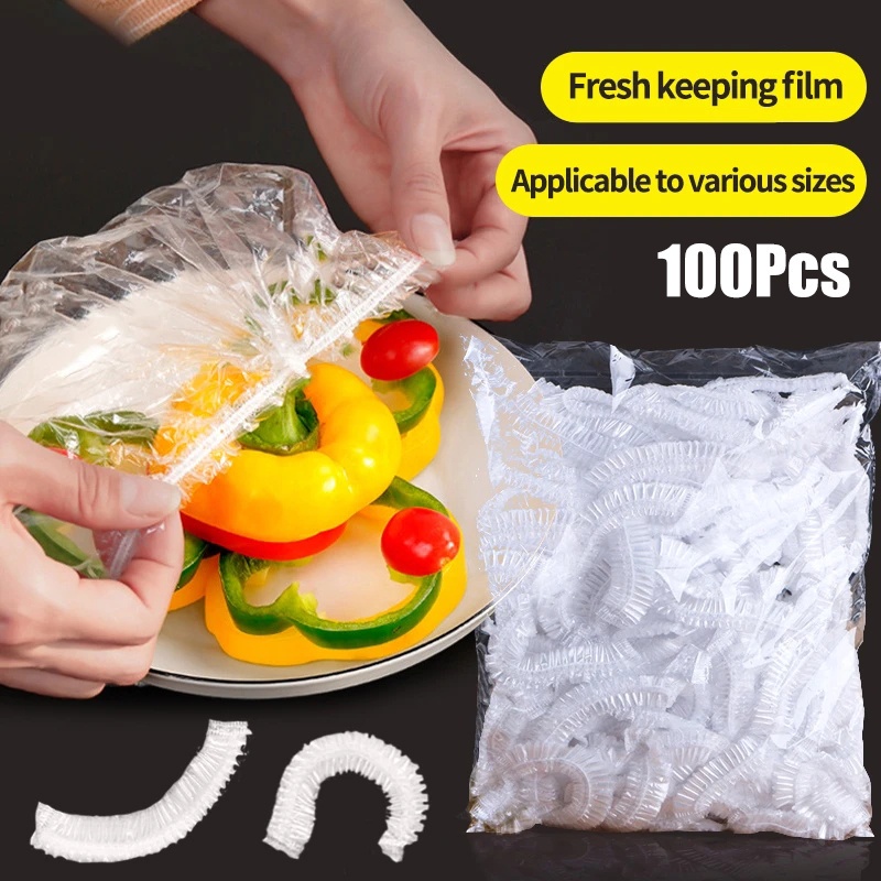 100Pcs Embalagem Transparente Tampas Elásticas Para Alimentos De Cozinha Portáteis Frigorífico Frescos Saco De Conservação Descartável À Prova De Umidade Tampa De Película Descartáveis Reutilizável Pó