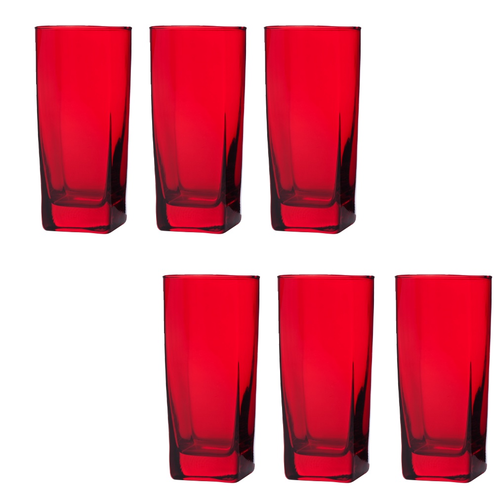 Copo Vidro 320ml Quadrado BALI Jogo com 6 Vermelho Luxo