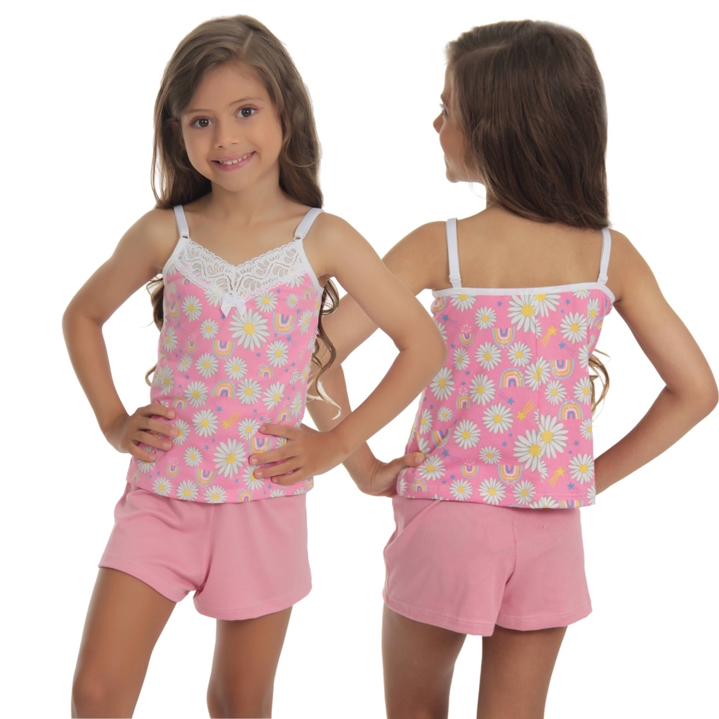 Pijama Infantil Curto Baby Doll Estampado Short suede Doll Alcinha ajustável