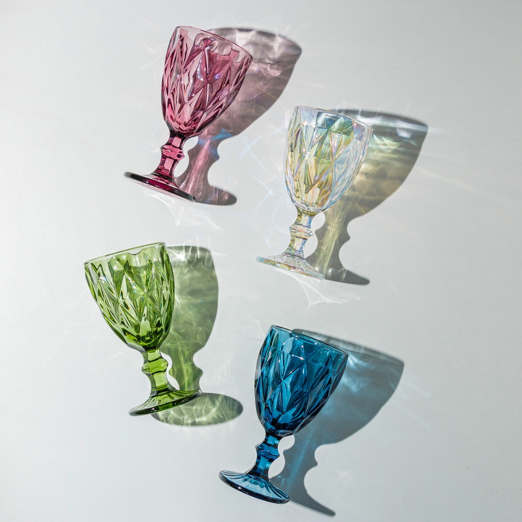 Taça de Vinho Água Diamond Bico de Abacaxi Transparente, Rose Lilás ou Azul Mesa Posta