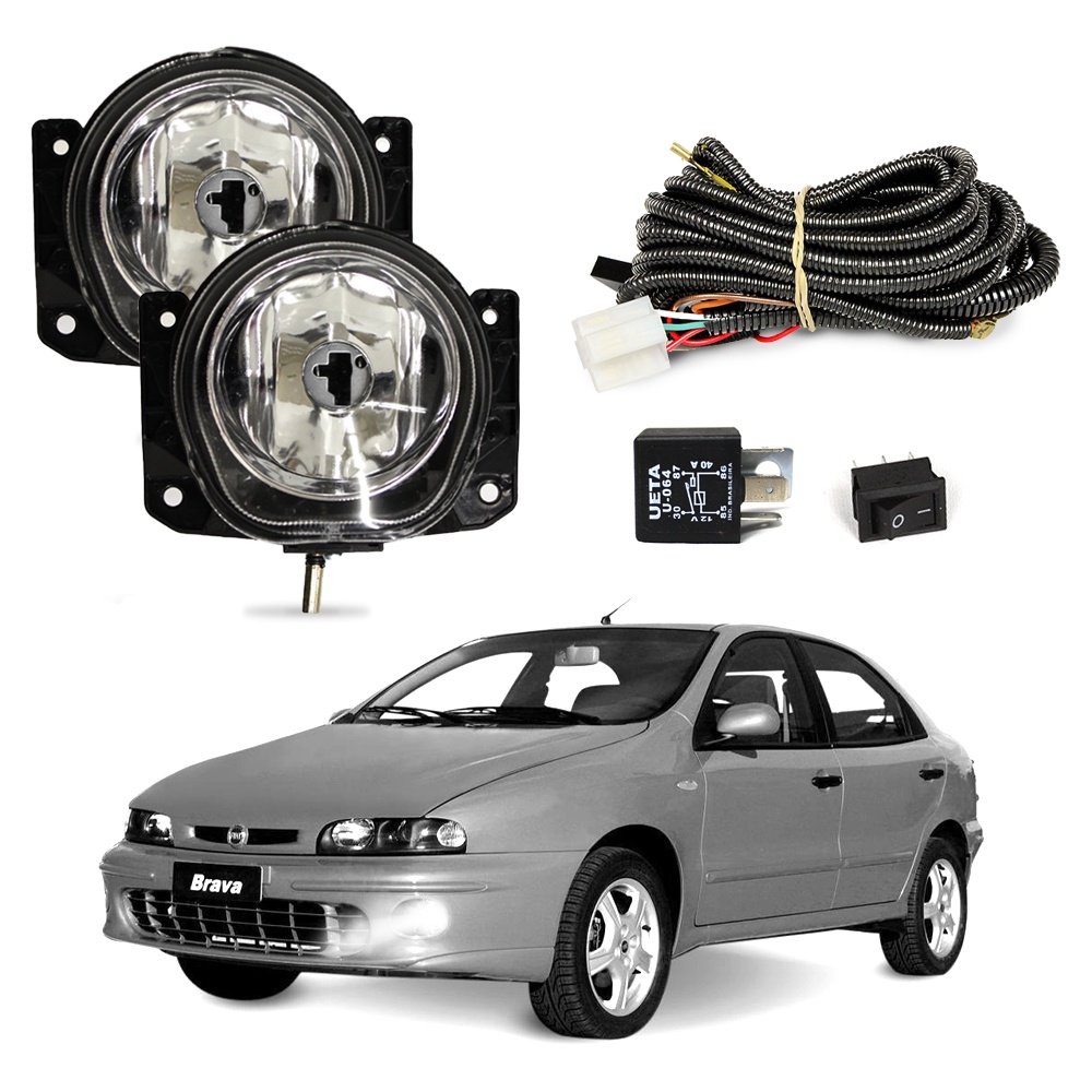 Kit Farol de Milha Fiat Brava 1999 a 2003 Farol Auxiliar de Carro Lente de Vidro Neblina Automotivo