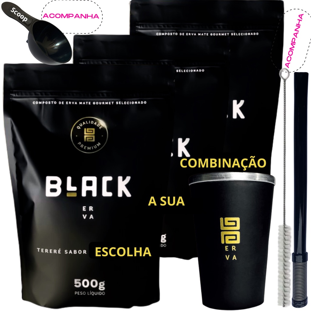 Kit 3 Pacotes Black Erva Mate Tereré + Copo de Alumínio Térmico + Bomba Mola Externa de Inox