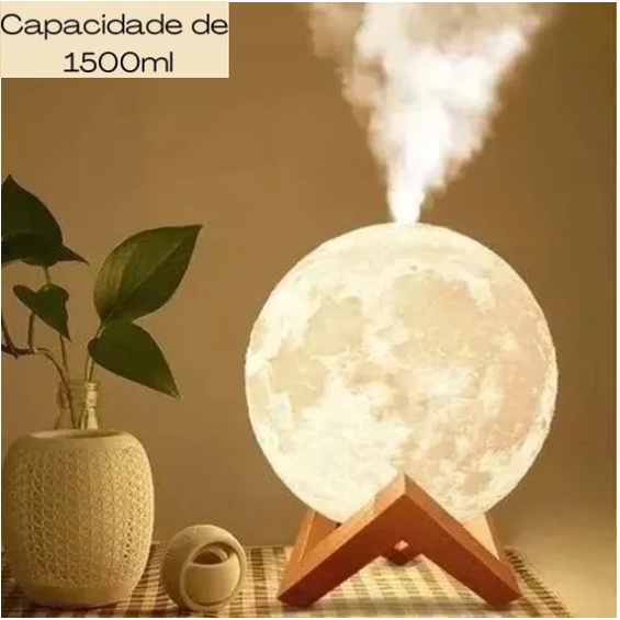 Umidificador 1500ml Aromatizador e Luminária Lua Grande Decorativa com Luzes 3D